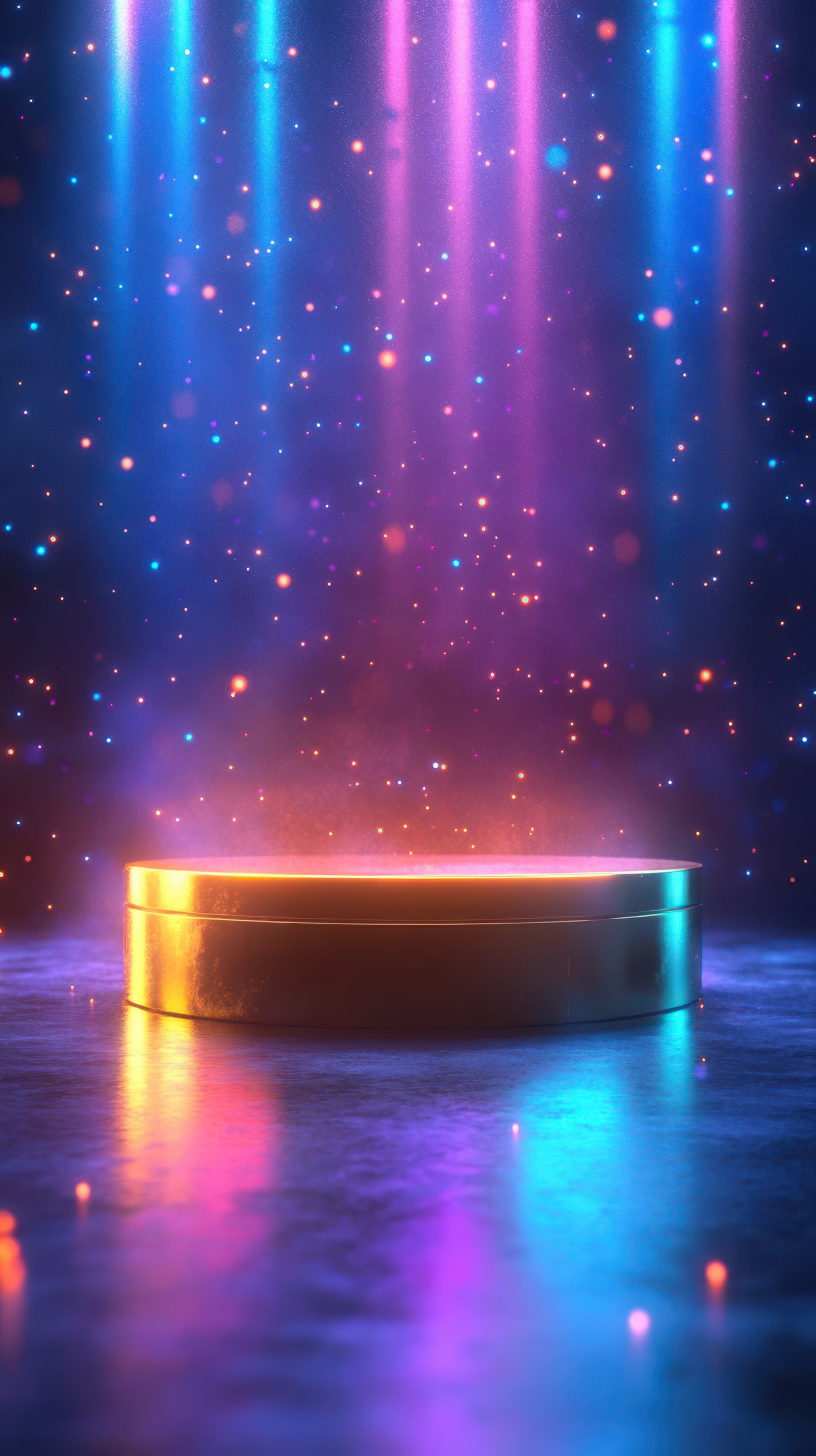 Colorful illuminated stage with sparkling lights and a reflective surface during an artistic performance at night